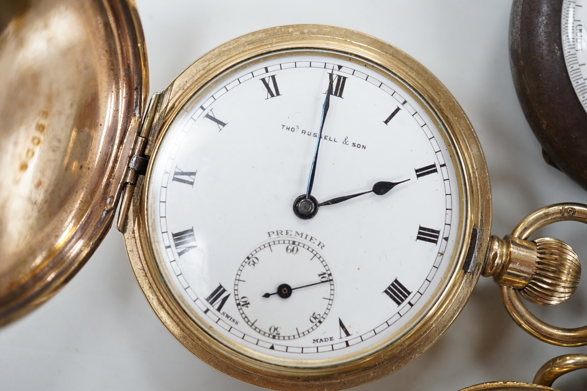 Six assorted gold plated or base metal pocket watches including Goliath calendar moonphase and Russell & Son hunter.